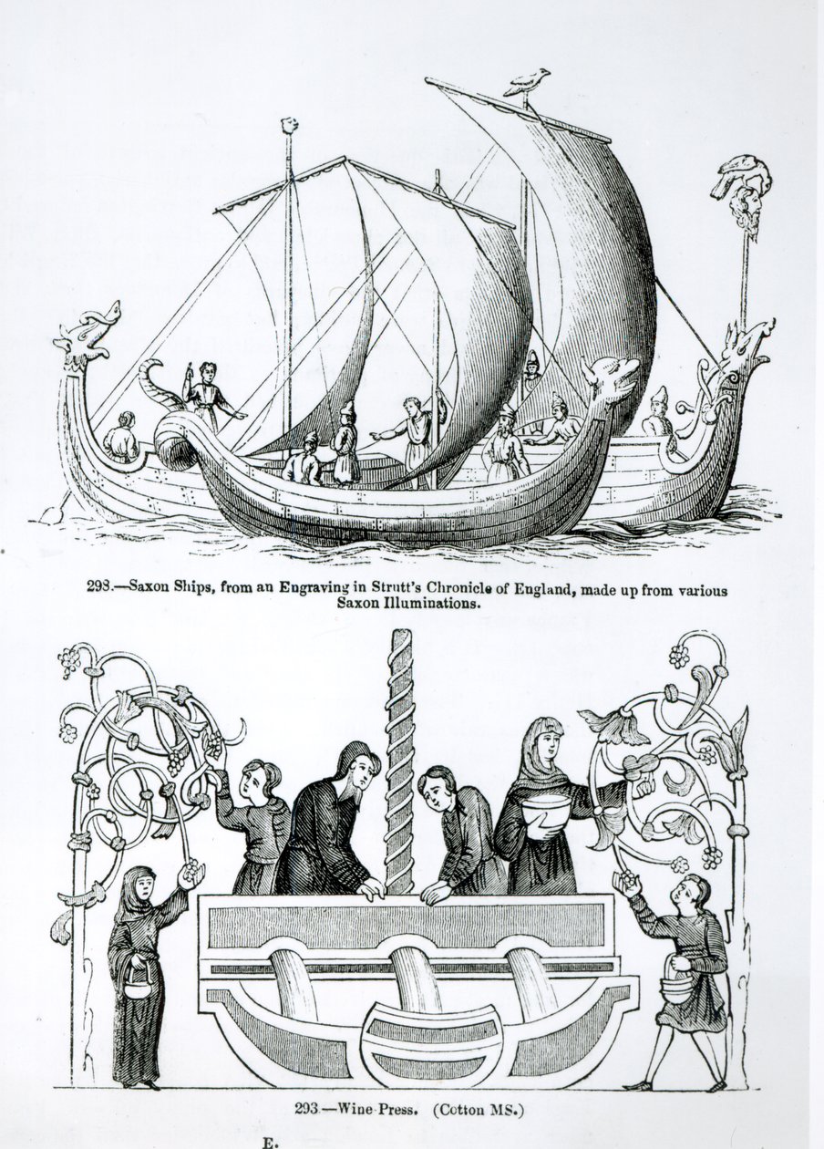 Sächsisches Schiff, aus einem Stich in Strutts Chronicle of England und einer Weinpresse von English School