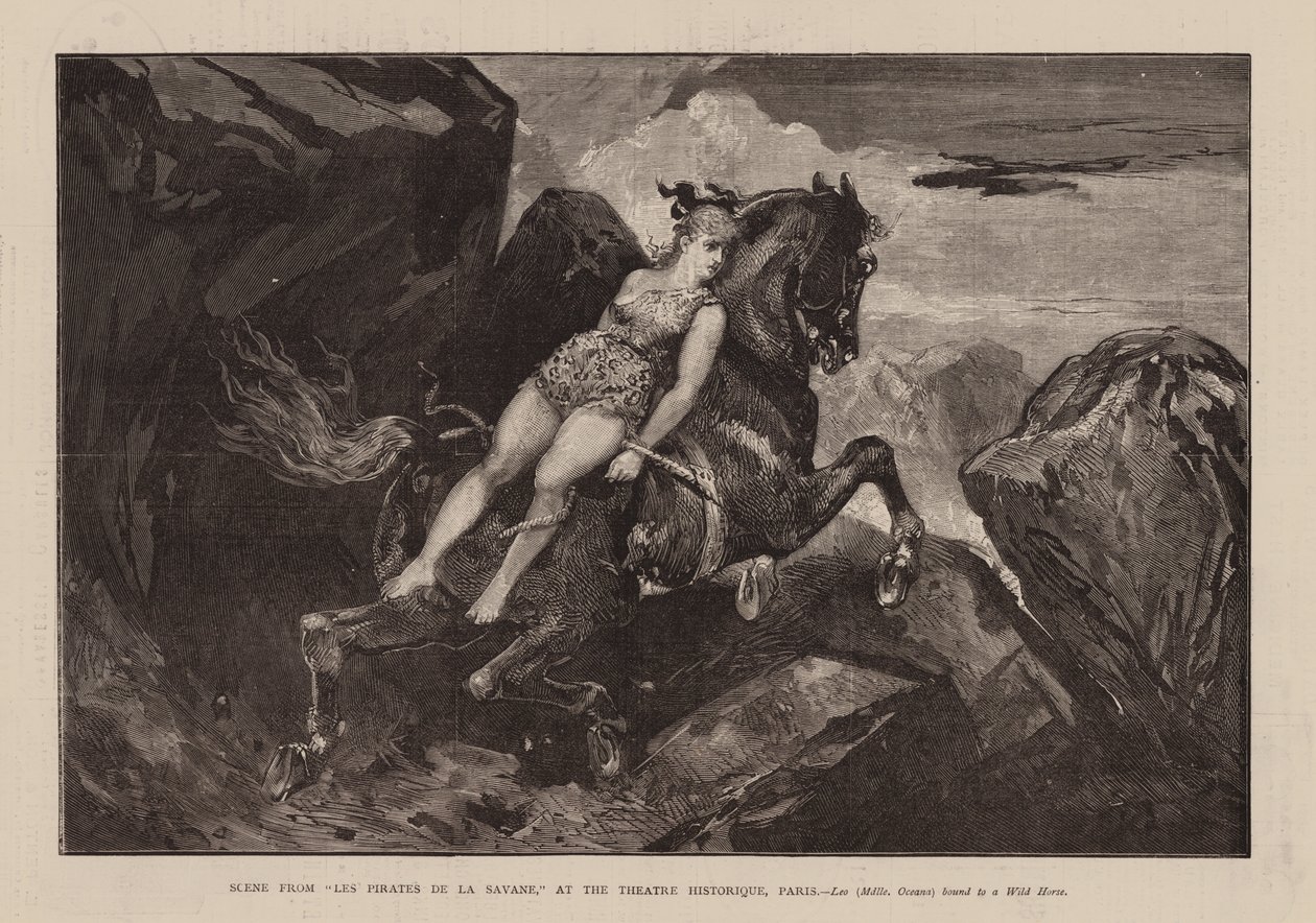 Szene aus "Lies Pirates De La Savane," Im Theatre Historique, Paris, Leo, Mdlle Oceana, an ein Wildpferd gebunden von English School