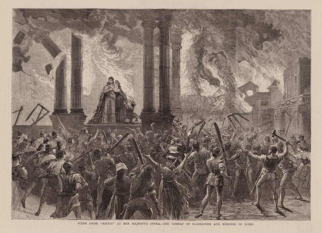 Szene aus "Rienzi" an der Oper Ihrer Majestät, Der Kampf der Gladiatoren und das Brennen von Rom, Richard Wagner (Gravur) von English School