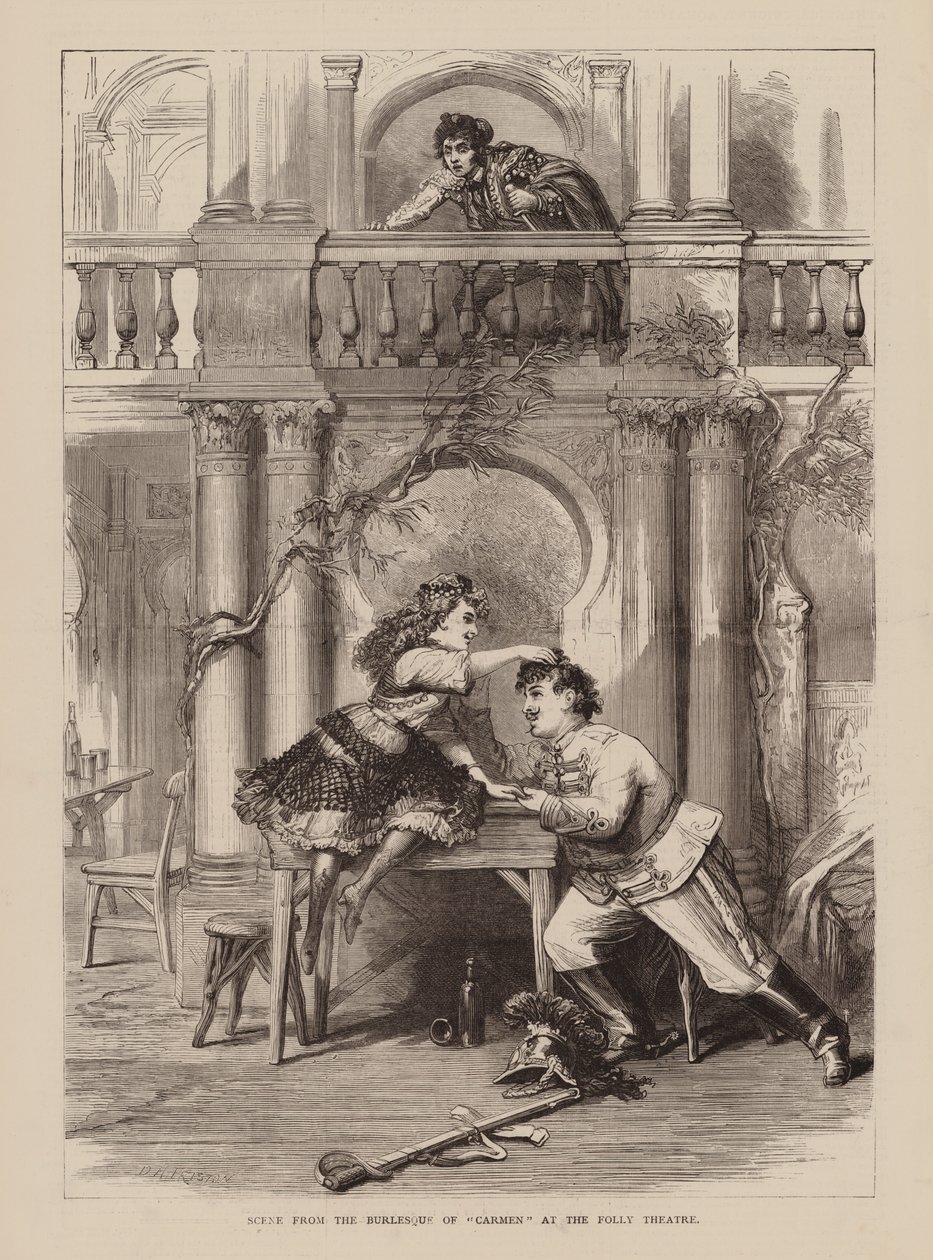 Szene aus der Burleske von "Carmen" im Folly Theatre (Gravur) von English School
