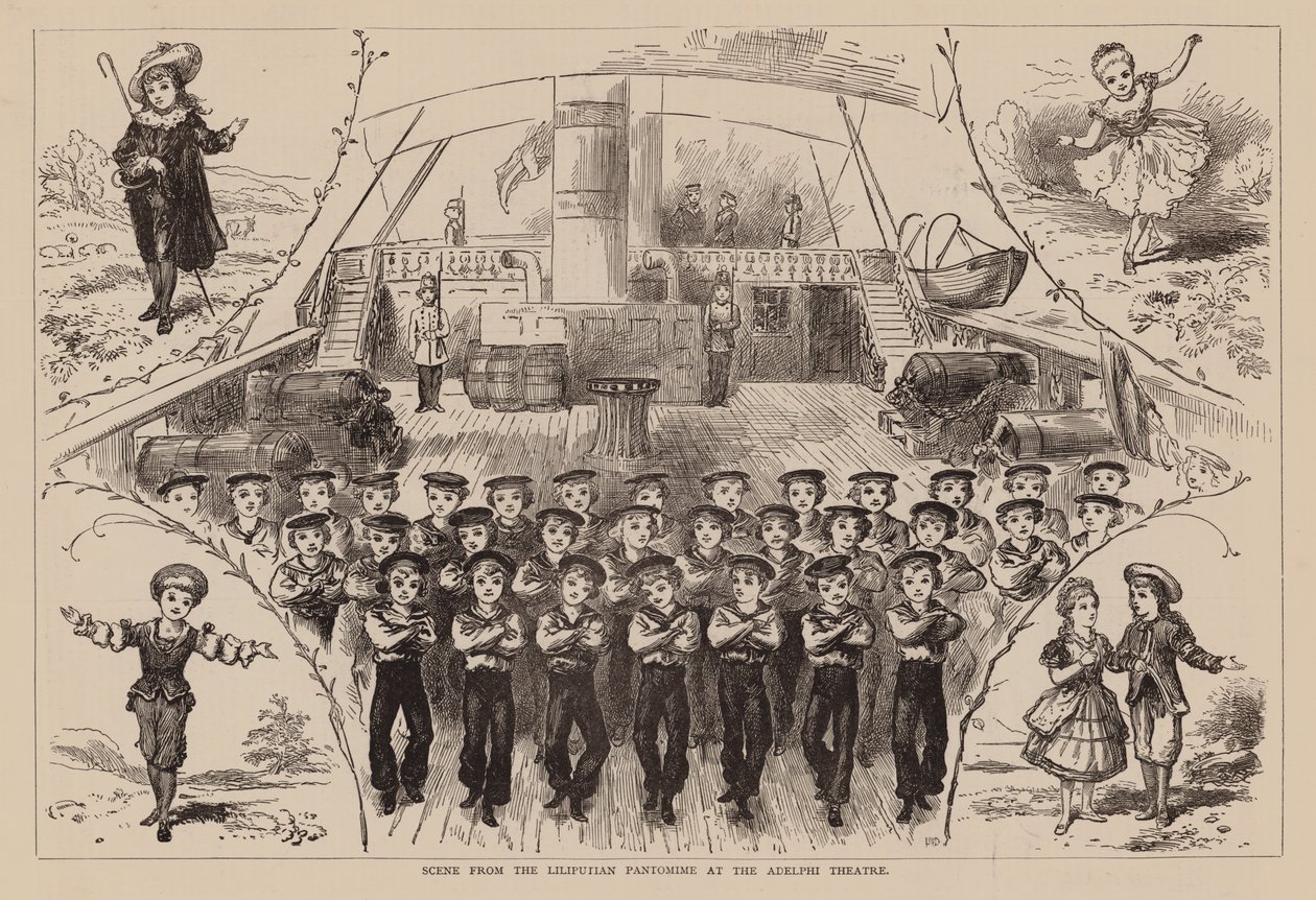 Szene aus dem Liliputaner-Pantomime im Adelphi-Theater von English School