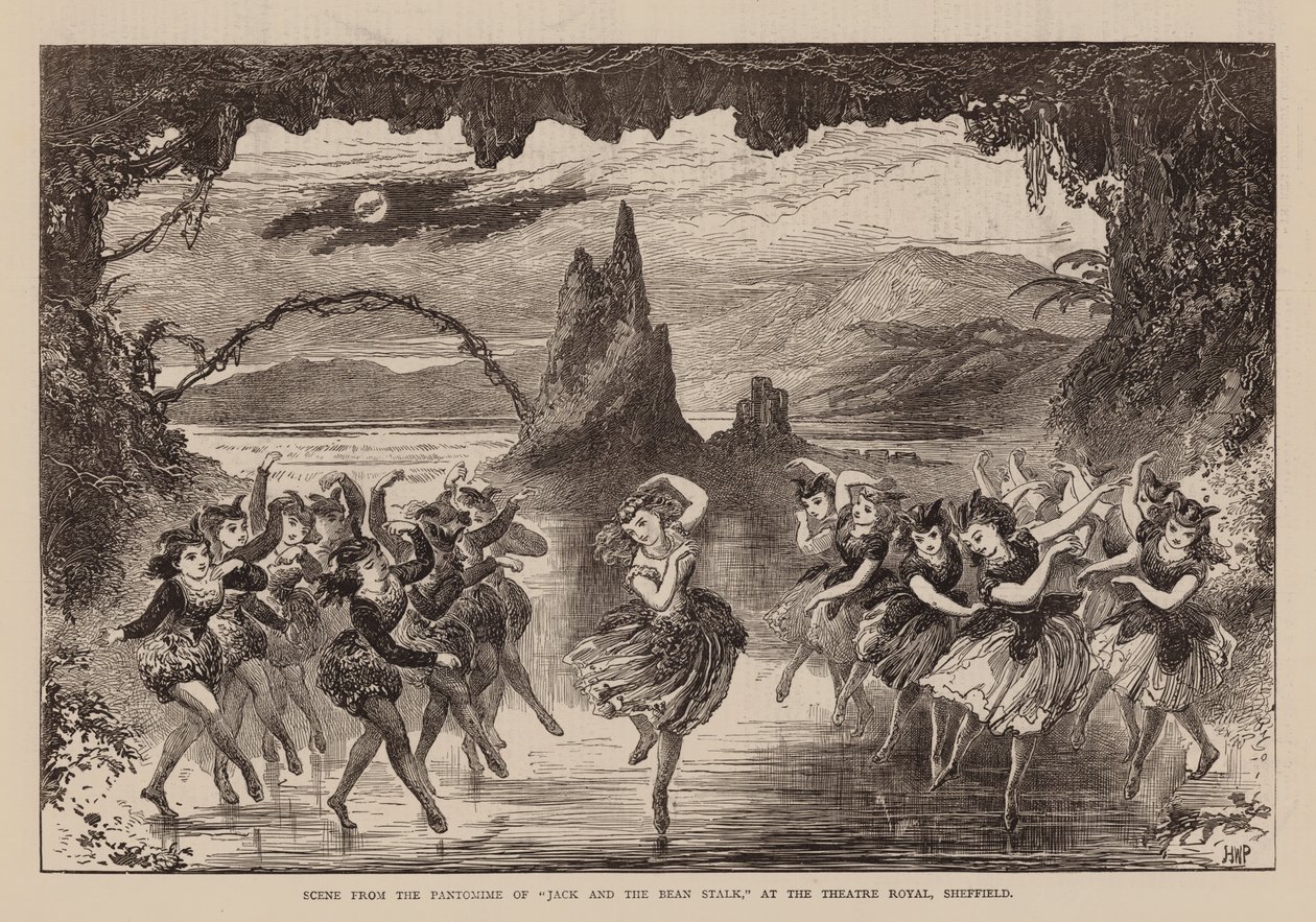 Szene aus dem Pantomime "Jack und die Bohnenranke" im Theatre Royal, Sheffield (Gravur) von English School