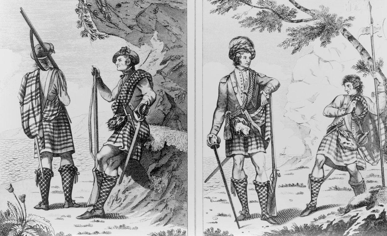 Schottische Soldaten der Highlands und ein Highland-Offizier und Sergeant von English School