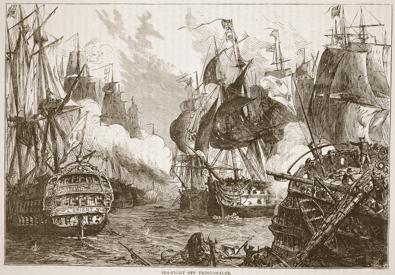 Seeschlacht vor Trincomalee, Illustration aus Cassells Illustrierter Geschichte Indiens von James Grant, veröffentlicht 1879 von English School