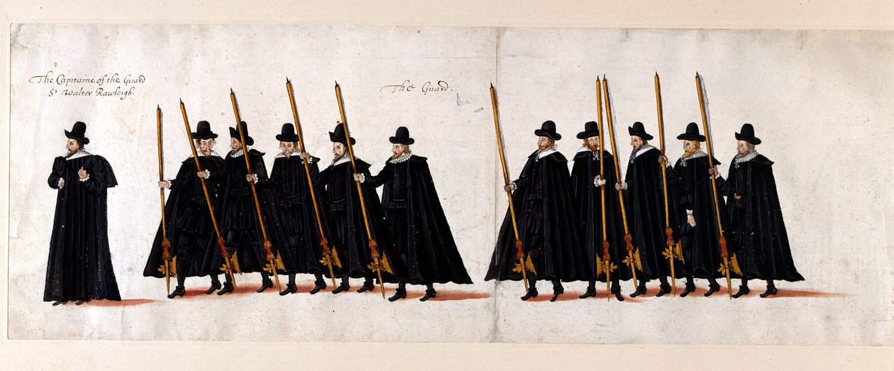Sir Walter Raleigh, Hauptmann der Garde, und die Garde. Teil des Trauerzugs von Königin Elisabeth I. zur Westminster Abbey, 28. April 1603 von English School