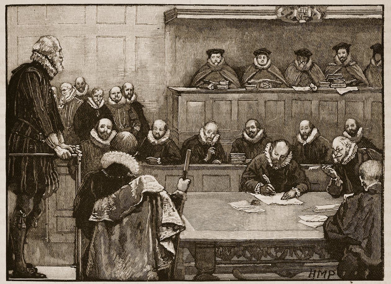 Sir Walter Raleigh vor den Richtern, Illustration aus Cassells Illustrierter Geschichte Englands von English School