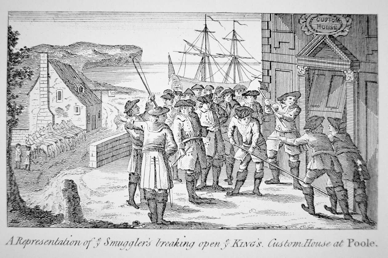 Schmuggler brechen das Zollhaus des Königs in Poole, Dorset, auf von English School