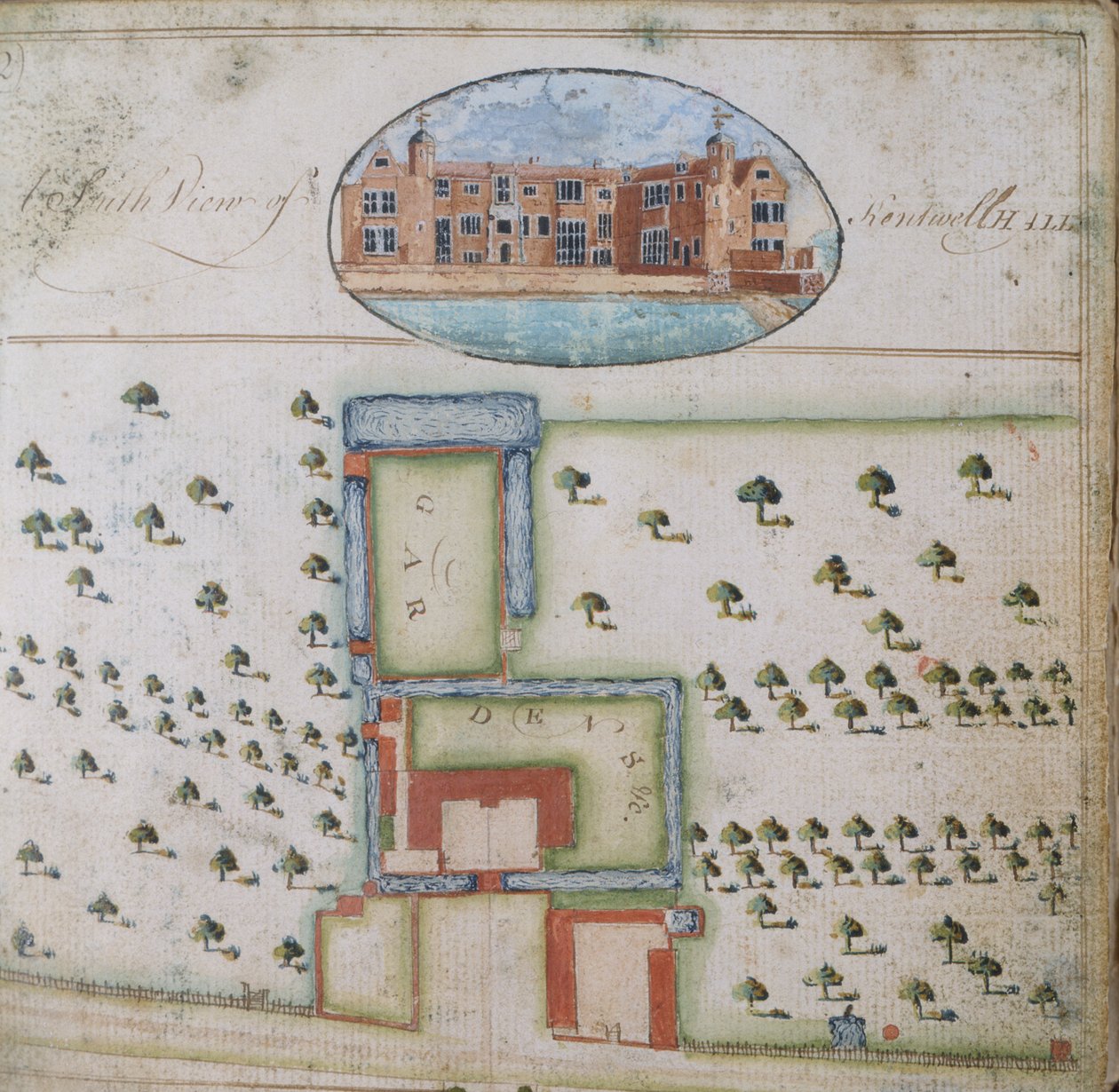 Südansicht von Kentwell Hall, aus der Vermessung des Anwesens von Richard Moore, Esq. Kentwell Hall, Suffolk, 1777 von English School