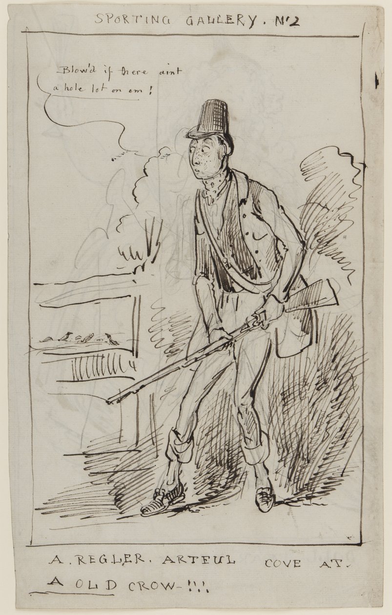 Sportgalerie Nr. 2, Ein Regler, Artful Cove bei einem Old Crow, ca. 1825 (Feder und Tinte auf Papier) von English School