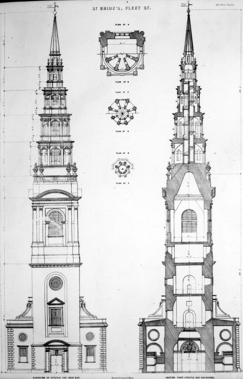 St. Brides, Fleet Street, Erhebung des Westendes, 19. Jahrhundert von English School