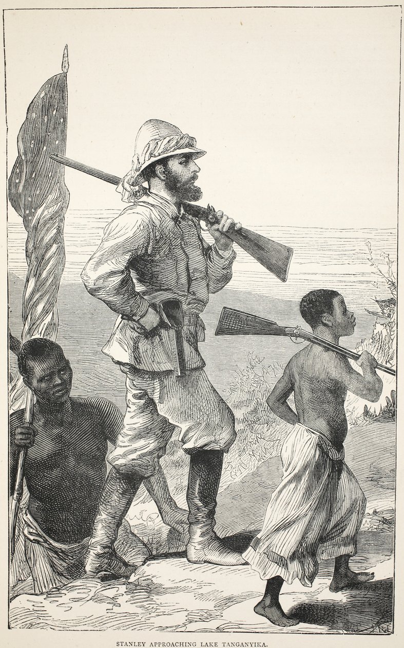 Stanley nähert sich dem Tanganjikasee, Illustration aus der Bildausgabe des Lebens und der Entdeckungen von David Livingstone von J. Ewing Richie, veröffentlicht von A. Fullarton & Co., 1876 von English School