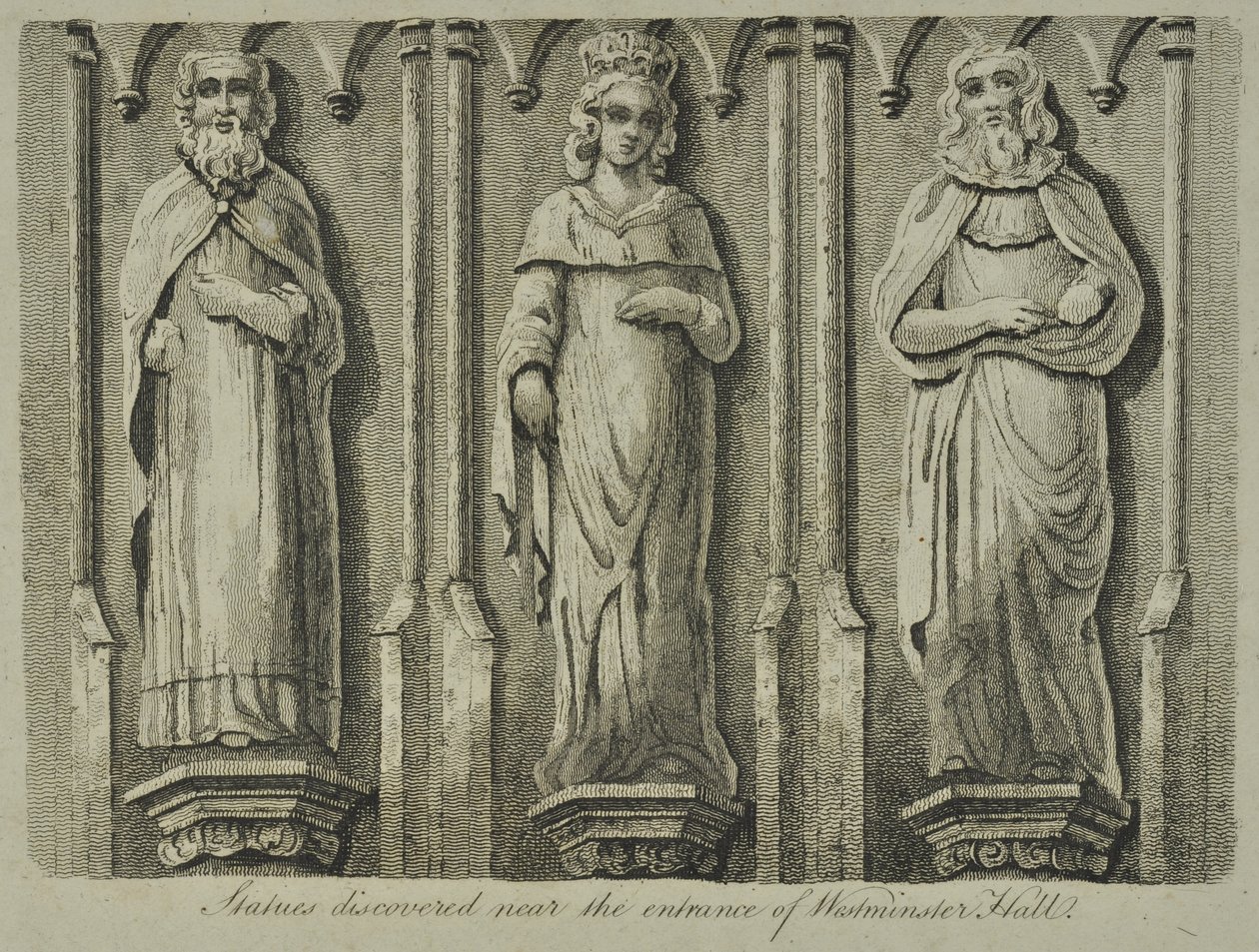 Statuen, entdeckt nahe dem Eingang zur Westminster Hall, 1807 von English School