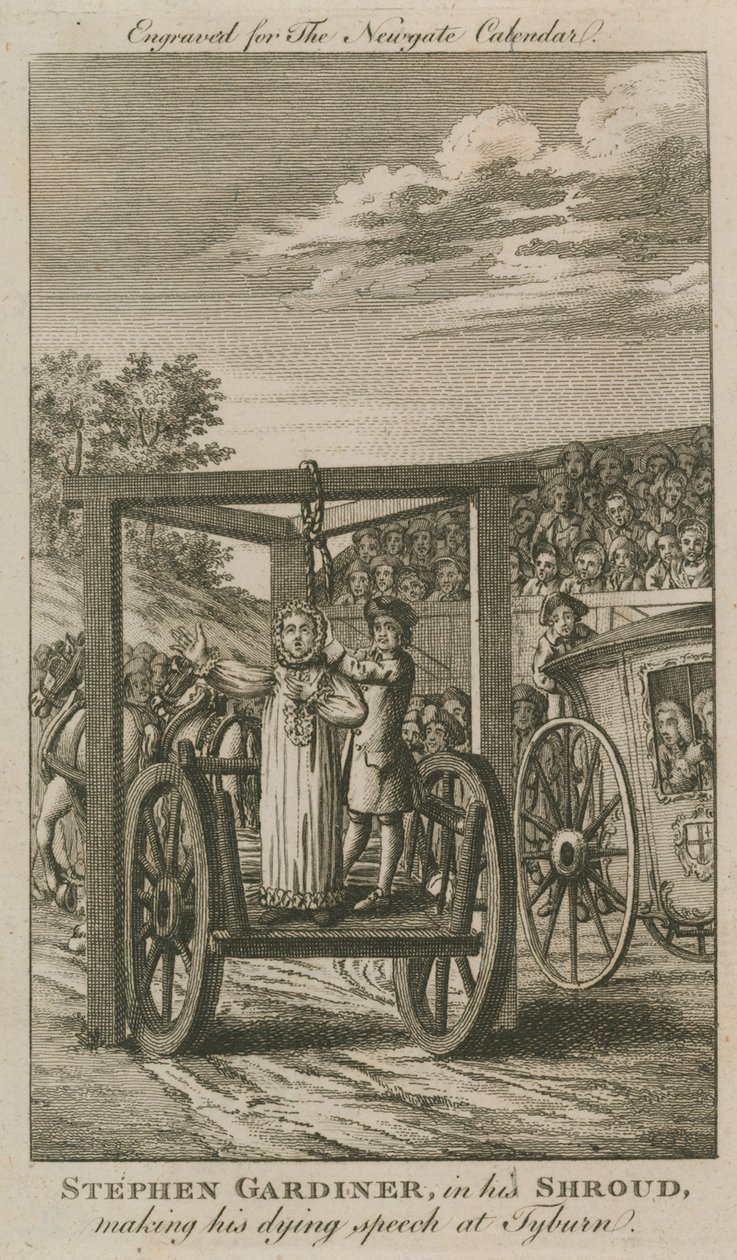 Stephen Gardiner in seinem Leichentuch hält seine letzte Rede in Tyburn (Gravur) von English School