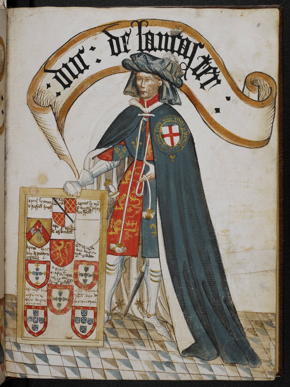 Stowe 594 f.8, Porträt von Henry, Herzog von Lancaster, ein Gründerritter des Hosenbandordens, Illustration aus 