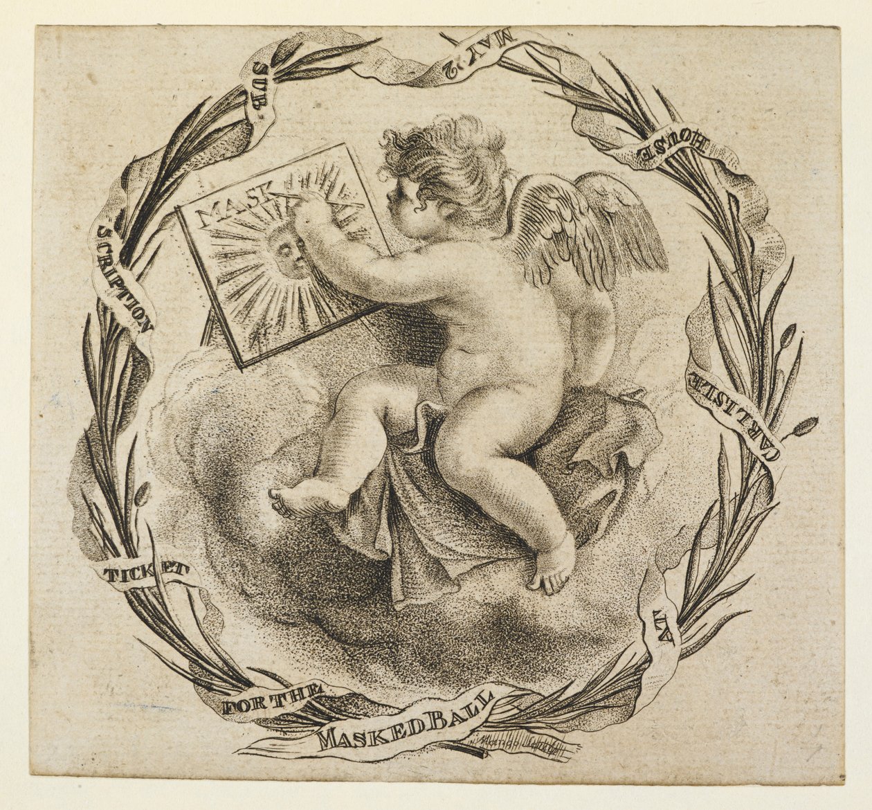 Abonnementkarte für den Maskenball im Carlisle House, 22. Mai. Ein geflügelter Cherub von English School