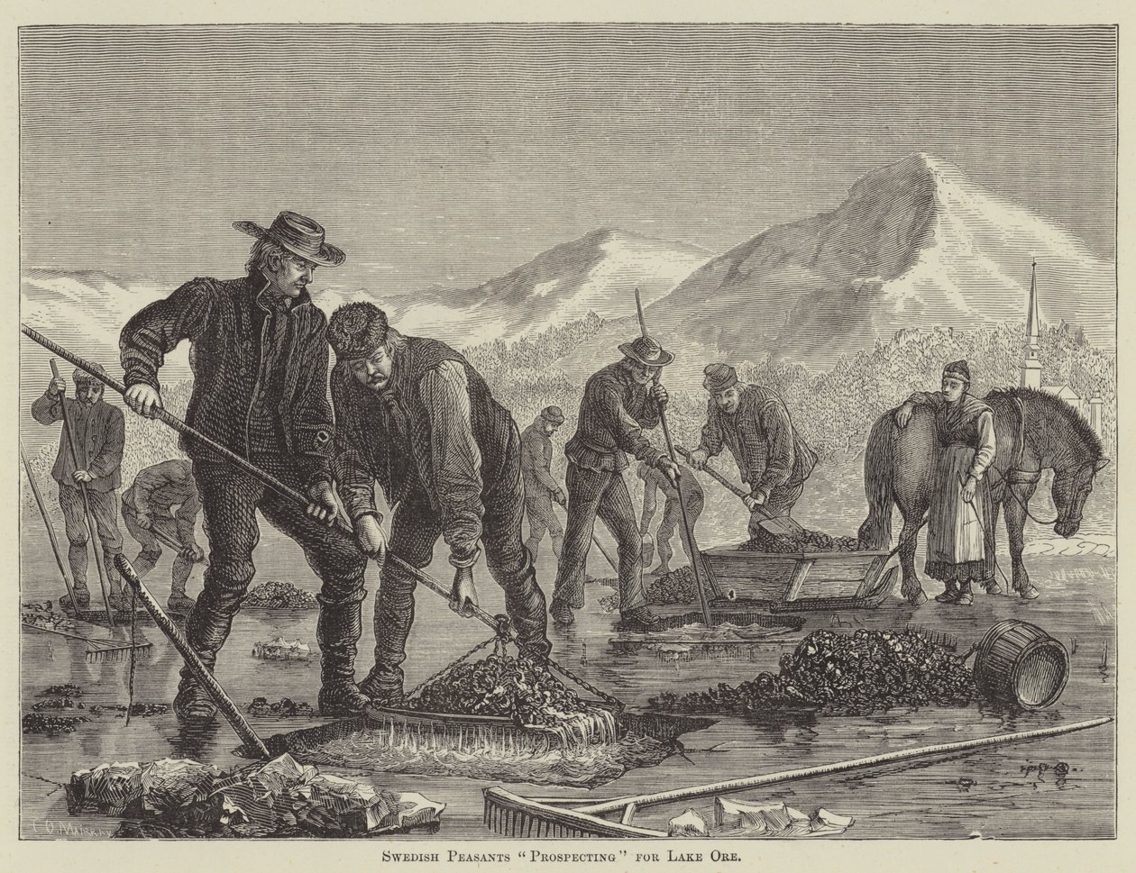 Schwedische Bauern "erkunden" nach Seenerz (Gravur) von English School