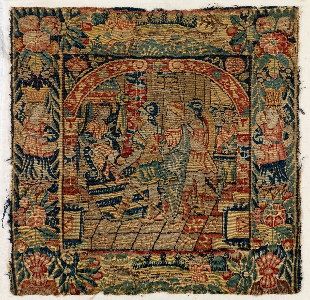 Wandteppichkissenbezug, der die Ältesten vor Daniel darstellt, hergestellt in Sheldon, England, nach 1600 von English School