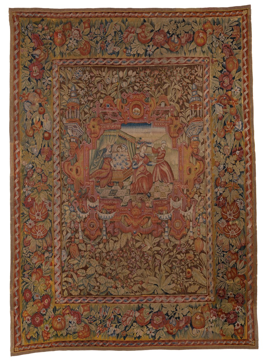 Wandteppich aus dem Chastleton House Set, Geburt von Pharez und Zarah, den Söhnen von Juda und Tamas, aus Genesis XXXVIII, hergestellt in Sheldon, England, um 1595 von English School