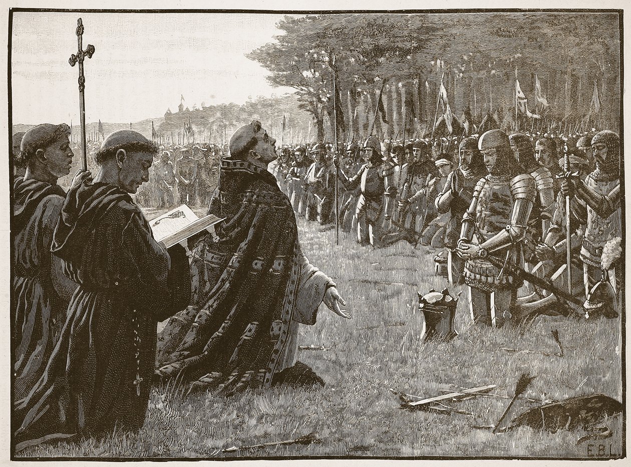 Dankgebet der englischen Armee nach der Schlacht von Agincourt, 25. Oktober 1415, Illustration aus Cassells Illustrierter Geschichte Englands von English School