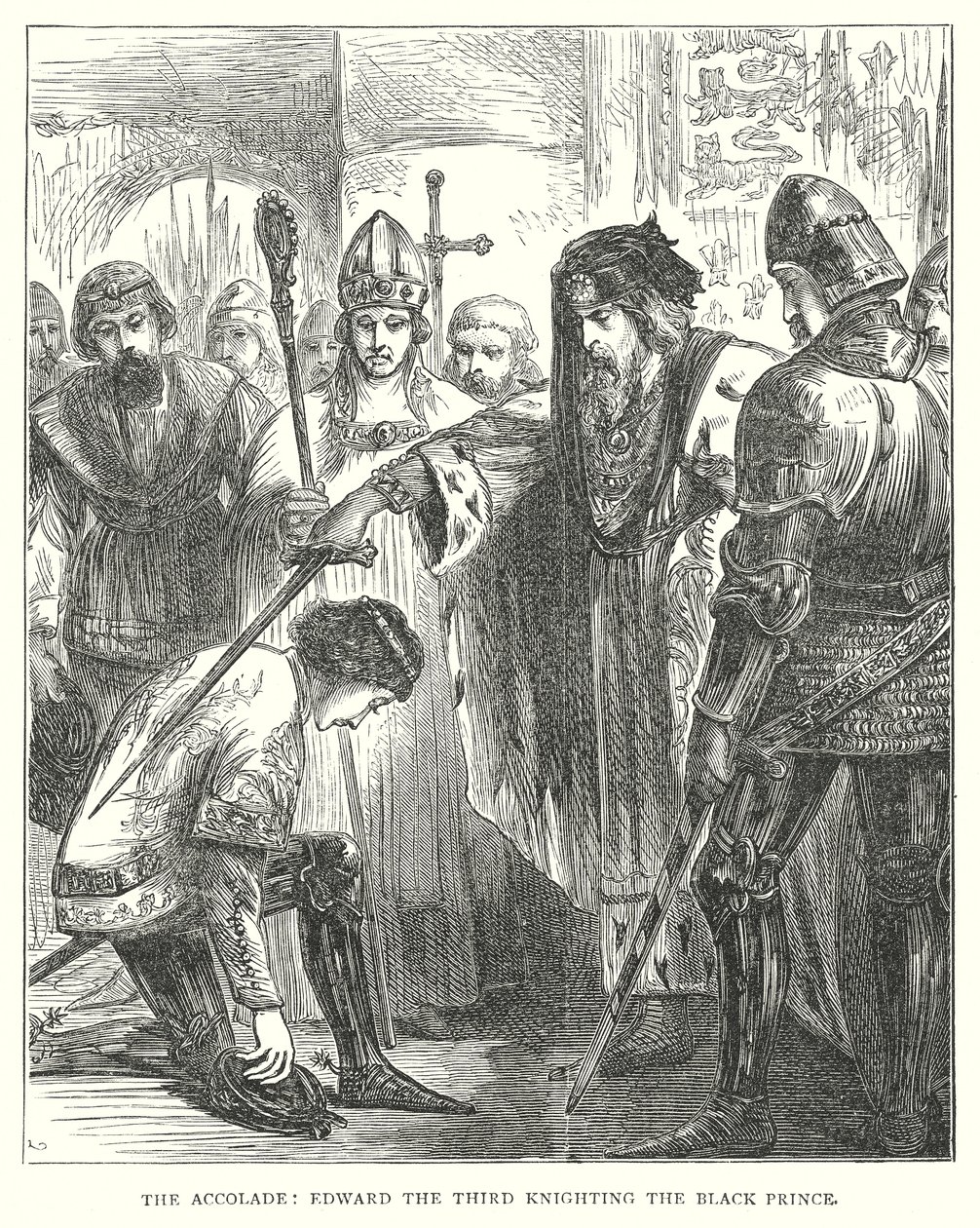 Der Ritterschlag: Eduard der Dritte schlägt den Schwarzen Prinzen zum Ritter (Gravur) von English School