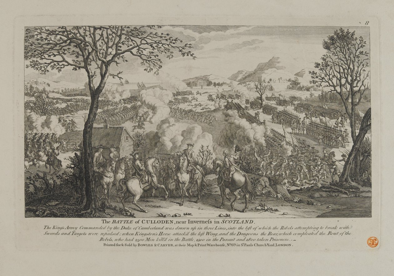 Die Schlacht von Culloden, in der Nähe von Inverness in Schottland, veröffentlicht von Bowles und Carver, 1746 von English School