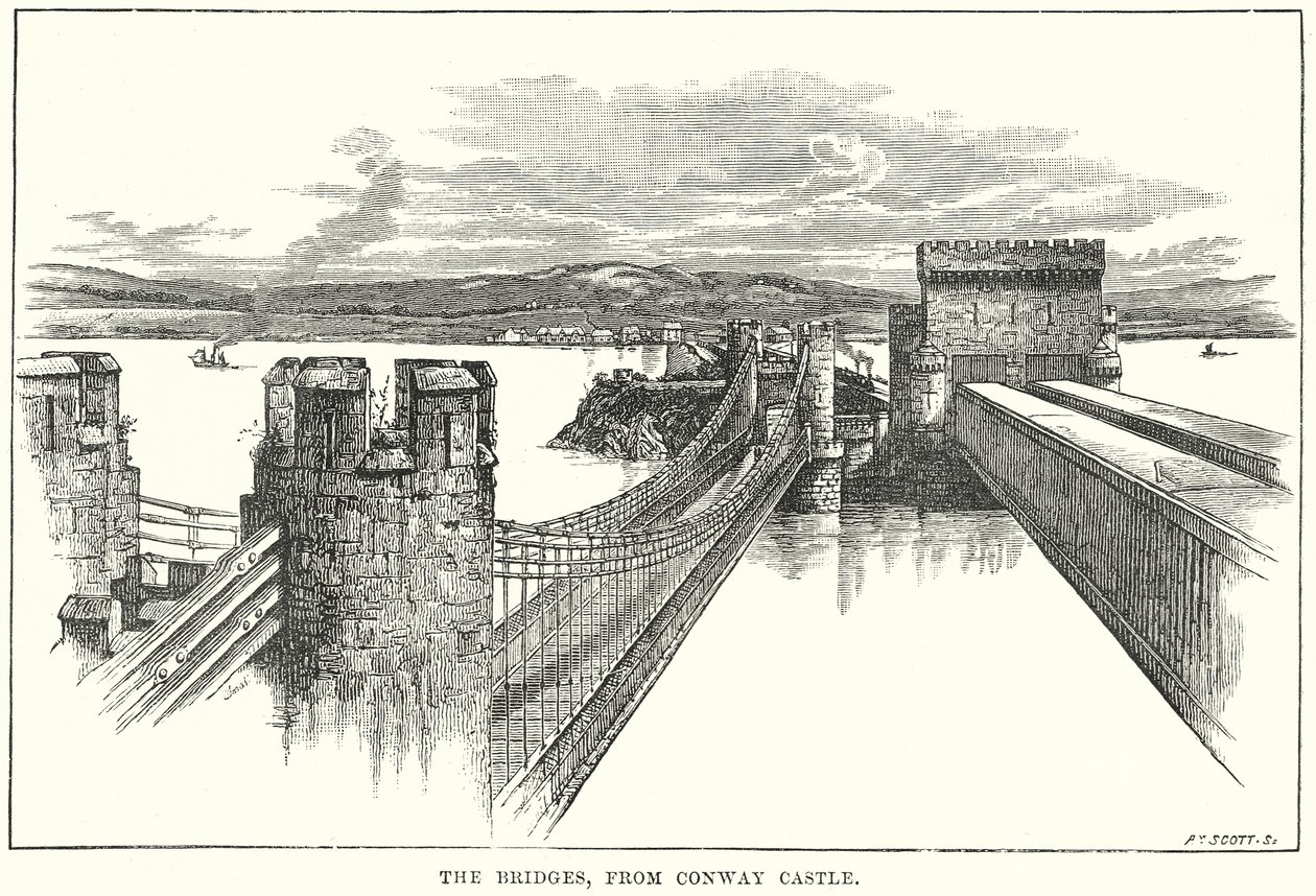 Die Brücken, vom Conway Castle (Gravur) von English School