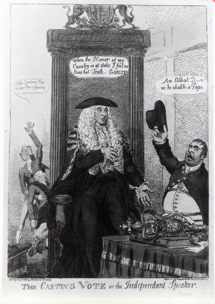 Die entscheidende Stimme oder der unabhängige Sprecher, satirische Karikatur des damaligen Premierministers Henry Addington, 1805 von English School