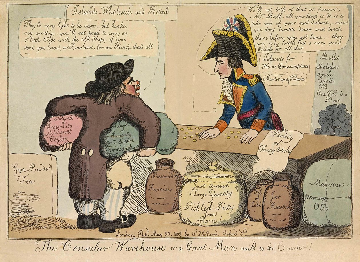 Das Konsularlager oder ein großer Mann an den Tresen genagelt, veröffentlicht 1802 (handkolorierte Gravur) von English School