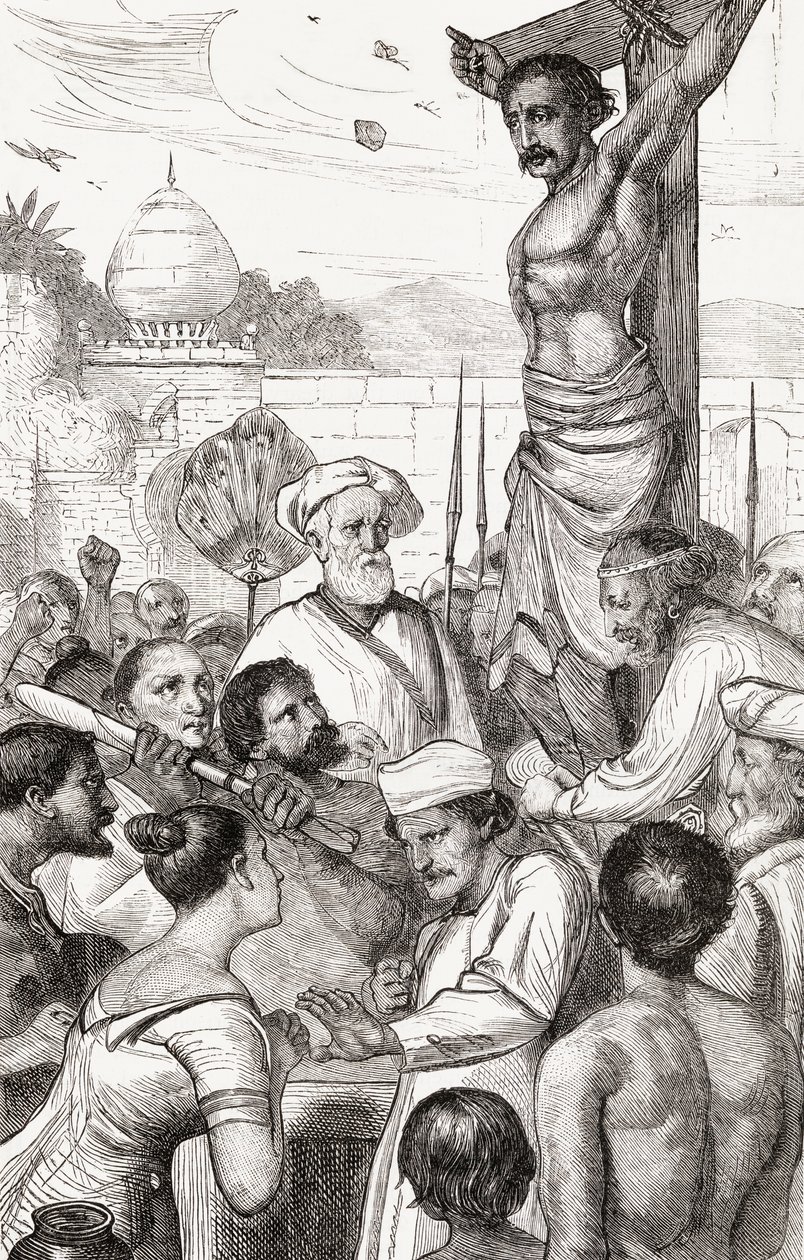 Die Kreuzigung eines Karen-Märtyrers aus Burma (Holzstich) von English School