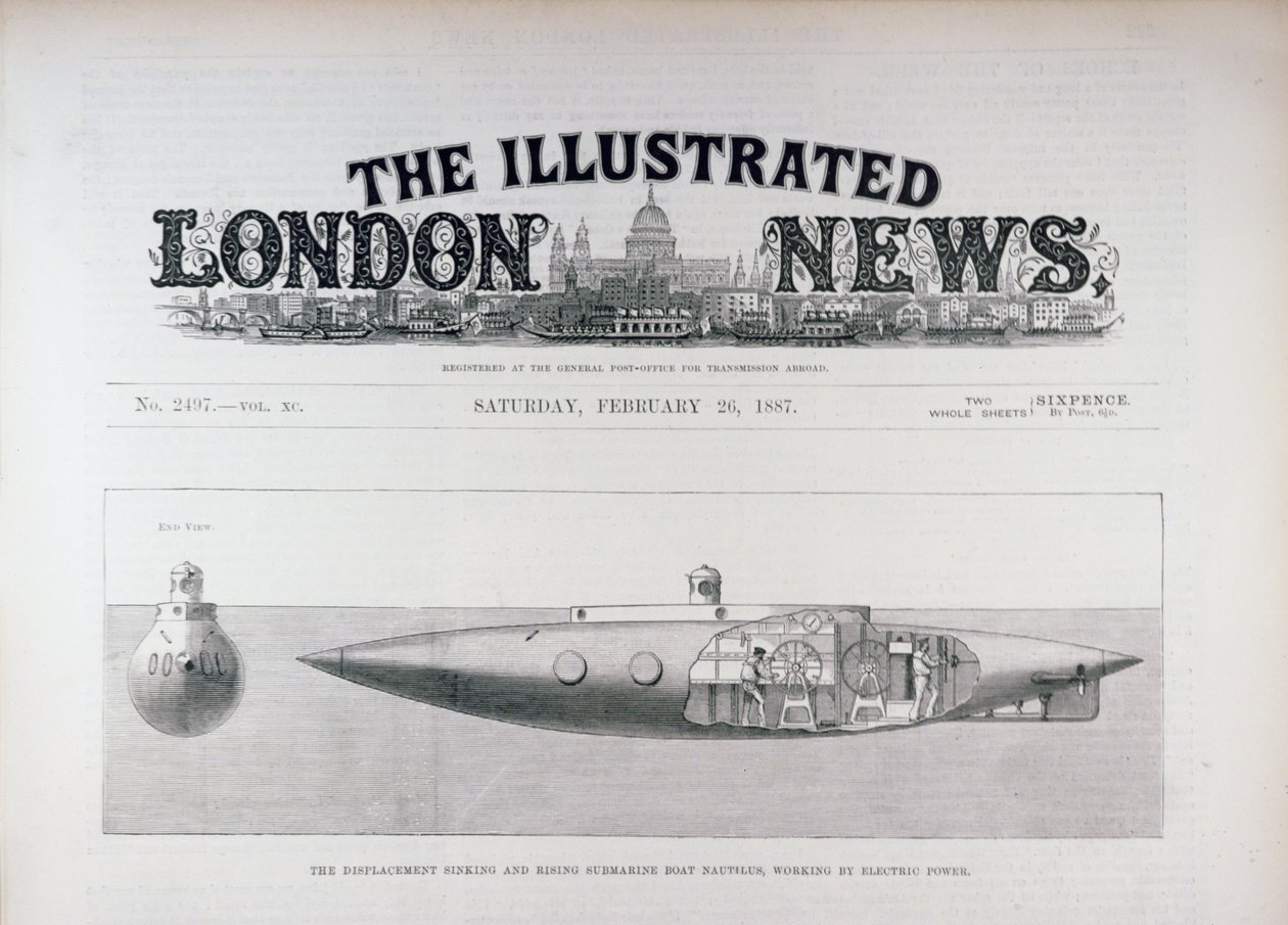 Das Verdrängungstauchen und Aufsteigen des U-Boots Nautilus, betrieben mit elektrischer Energie, aus The Illustrated London News, 26. Februar 1887 von English School