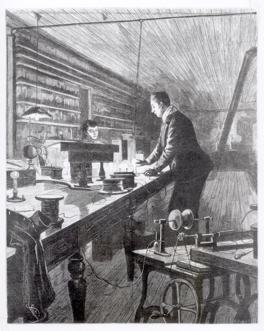 Das elektrische Licht, Mr. Edison (1847-1931) in seinem Labor von English School