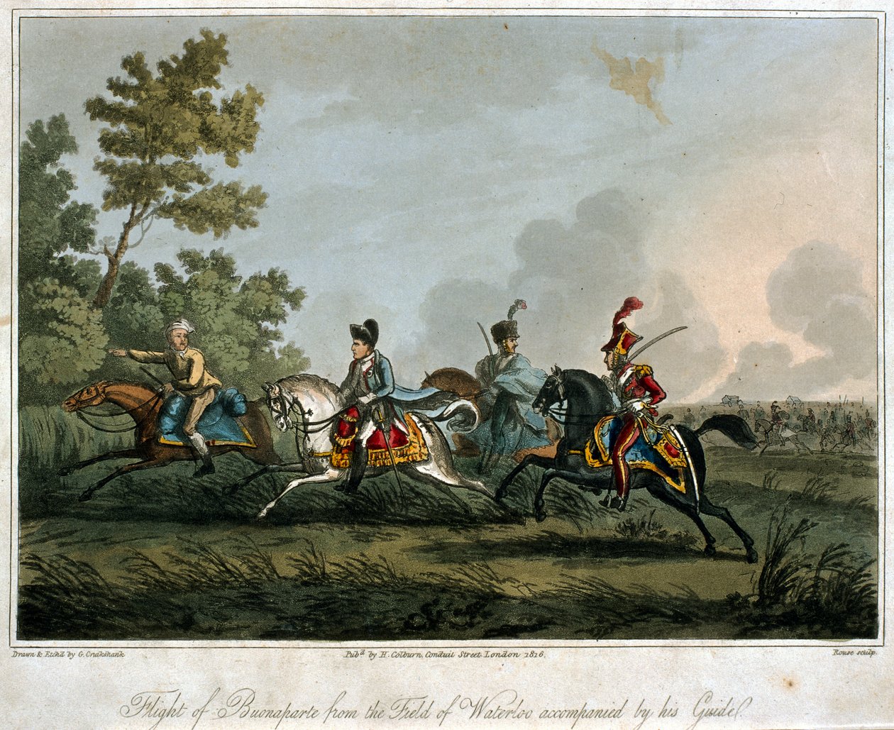 Die Flucht von Bonaparte (1769-1821) vom Schlachtfeld von Waterloo im Jahr 1815, 1817 (Aquatinta) von English School