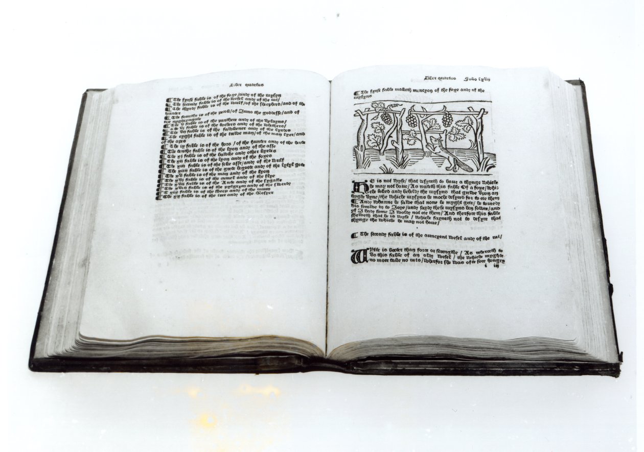 Der Fuchs und die Trauben, aus einer illustrierten Übersetzung von Äsops Fabeln von William Caxton (ca. 1422-91) 1434 von English School