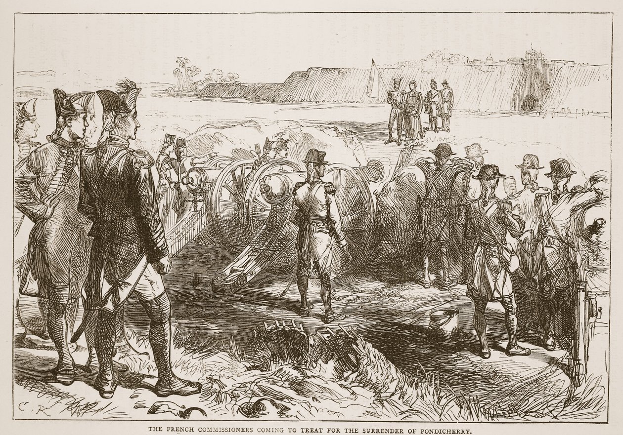 Die französischen Kommissare kommen, um über die Kapitulation von Pondicherry zu verhandeln, Illustration aus Cassells Illustrierter Geschichte Indiens von James Grant, veröffentlicht 1879 von English School