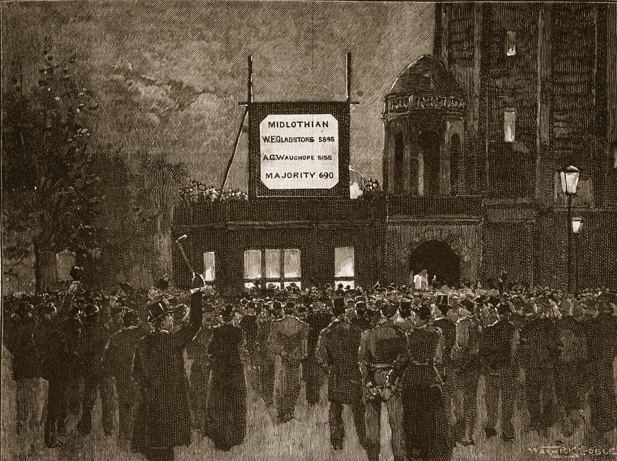 Die Parlamentswahl von 1892: Bekanntgabe der Ergebnisse im National Liberal Club, Illustration aus Cassells Illustrierter Geschichte Englands von English School