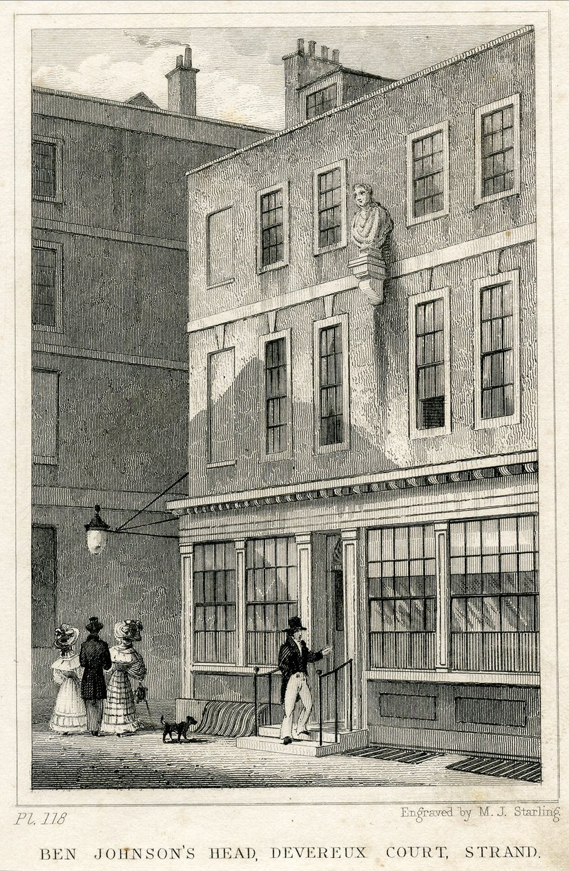 Das griechische Kaffeehaus, Devereux Court, Strand, mit einer Büste von Ben Johnson (Gravur) von English School