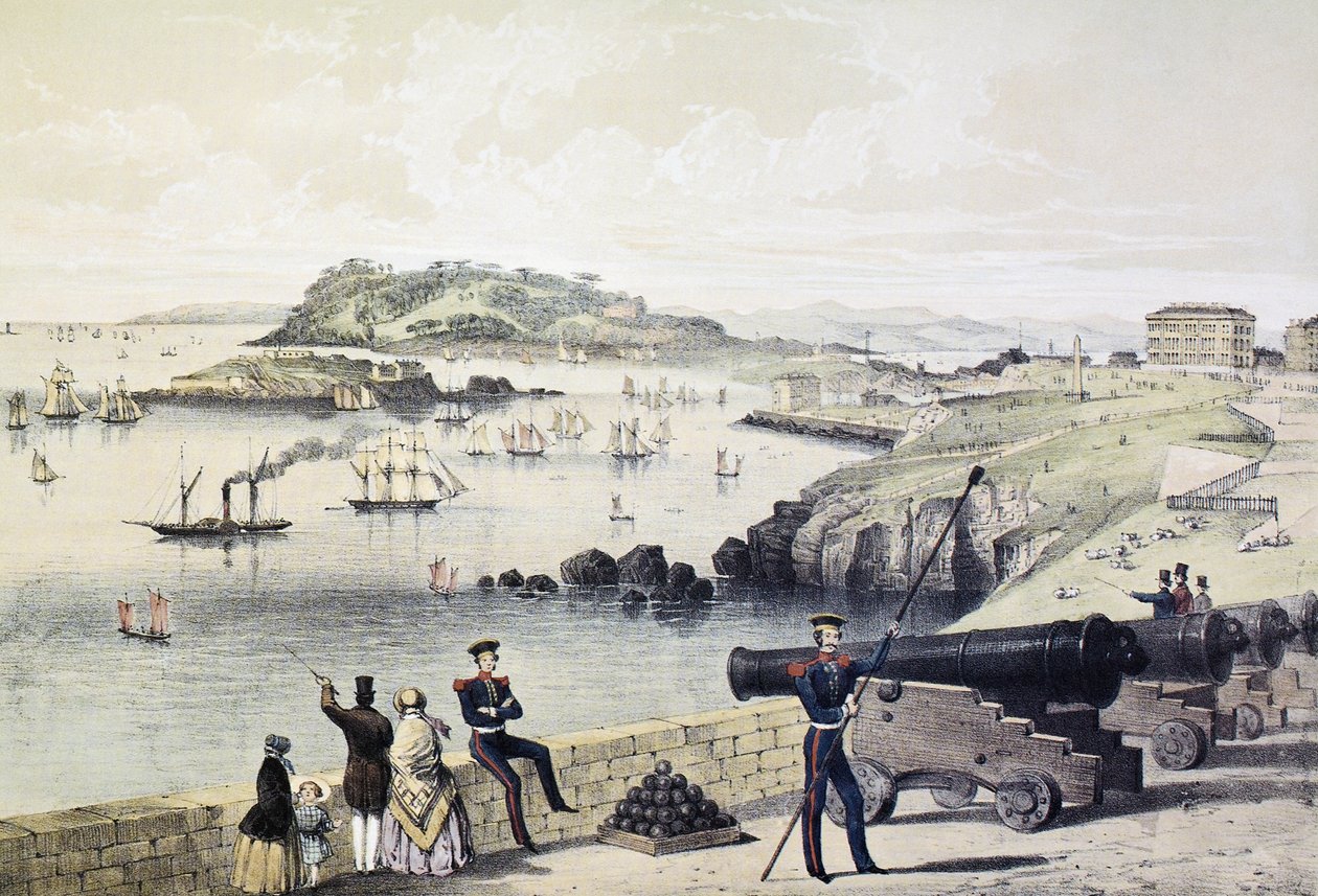Der Hoe, Drakes Island und Mt Edgecumbe von der Zitadelle, veröffentlicht von Newman und Co von English School