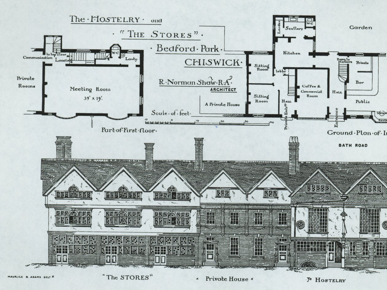 Das Gasthaus und die Läden, Bedford Park, Chiswick, aus The Building News, 1877 von English School