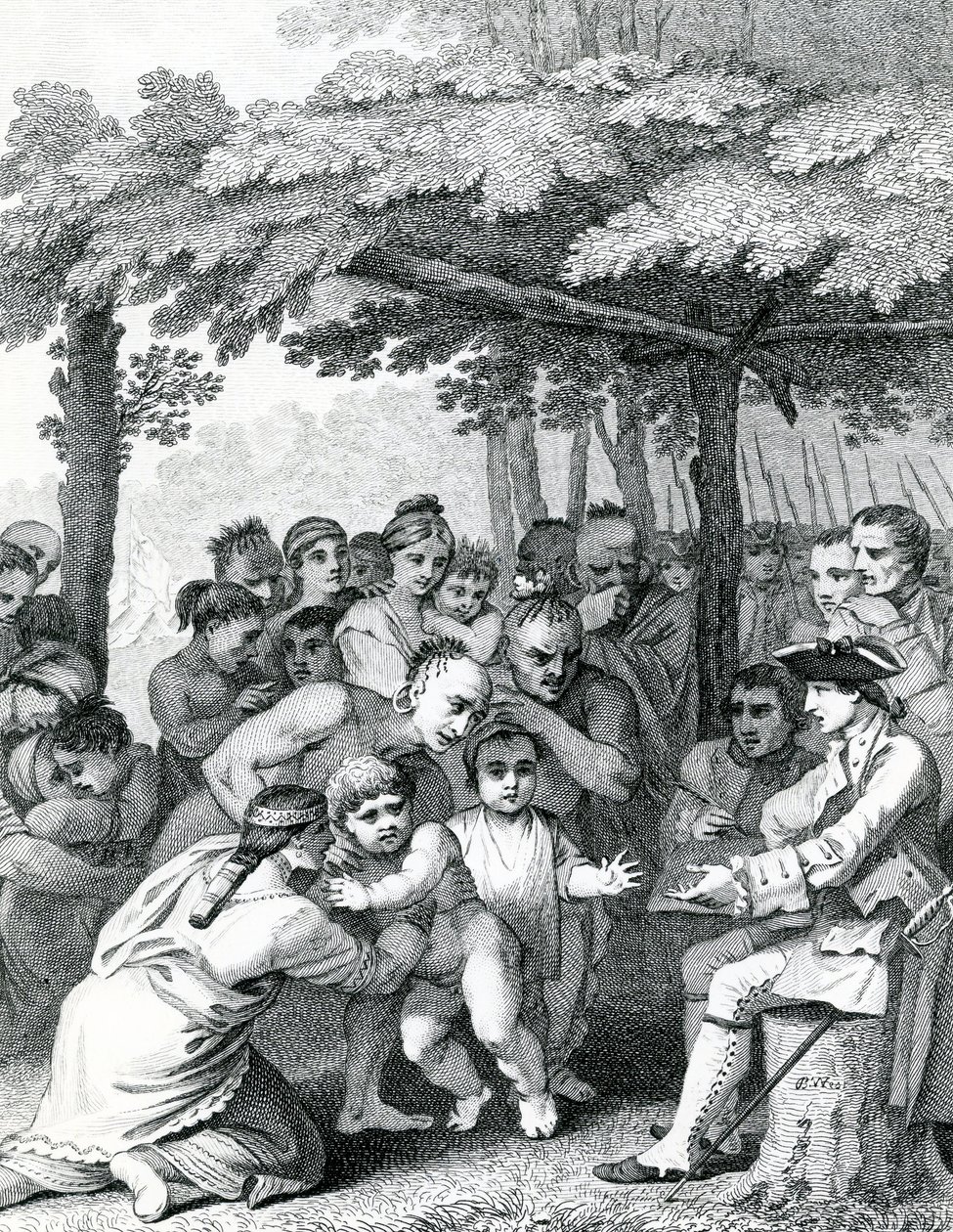 Die Indianer übergeben die englischen Gefangenen an Colonel Bouquet in der Nähe seines Lagers an den Gabelungen von Muskingham in Nordamerika, graviert von Canot, 1764 von English School