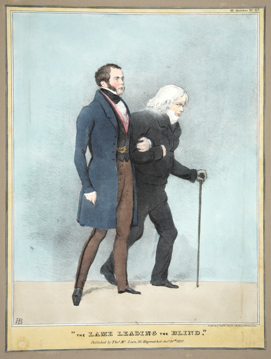 Der Lahme führt den Blinden, veröffentlicht 1832 (kolorierte Gravur) von English School