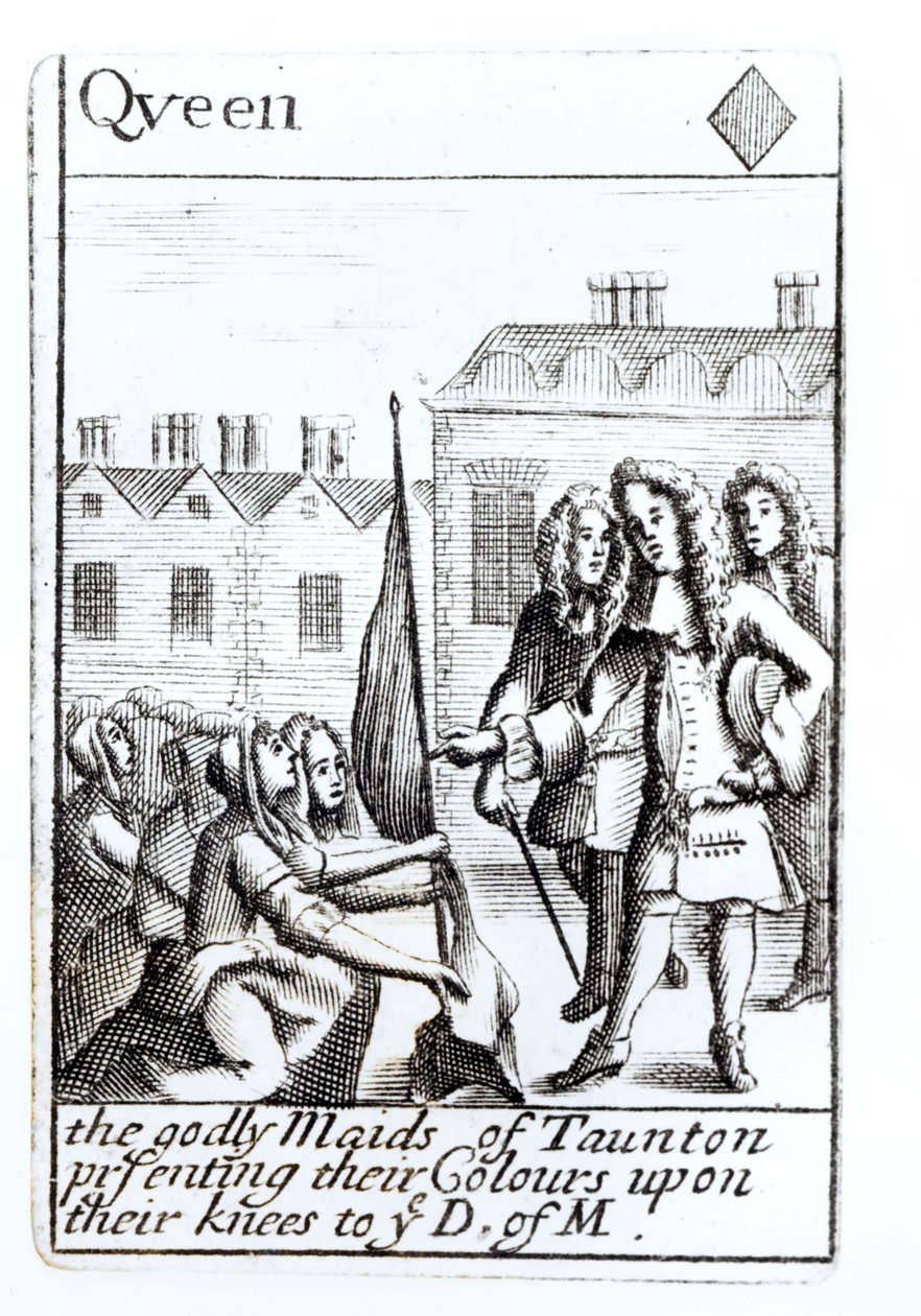 Die Mägde von Taunton knien vor dem Herzog von Monmouth, 18. Juni 1685, Karo-Dame Spielkarte aus einem Set zur Erinnerung an Monmouths Rebellion von English School