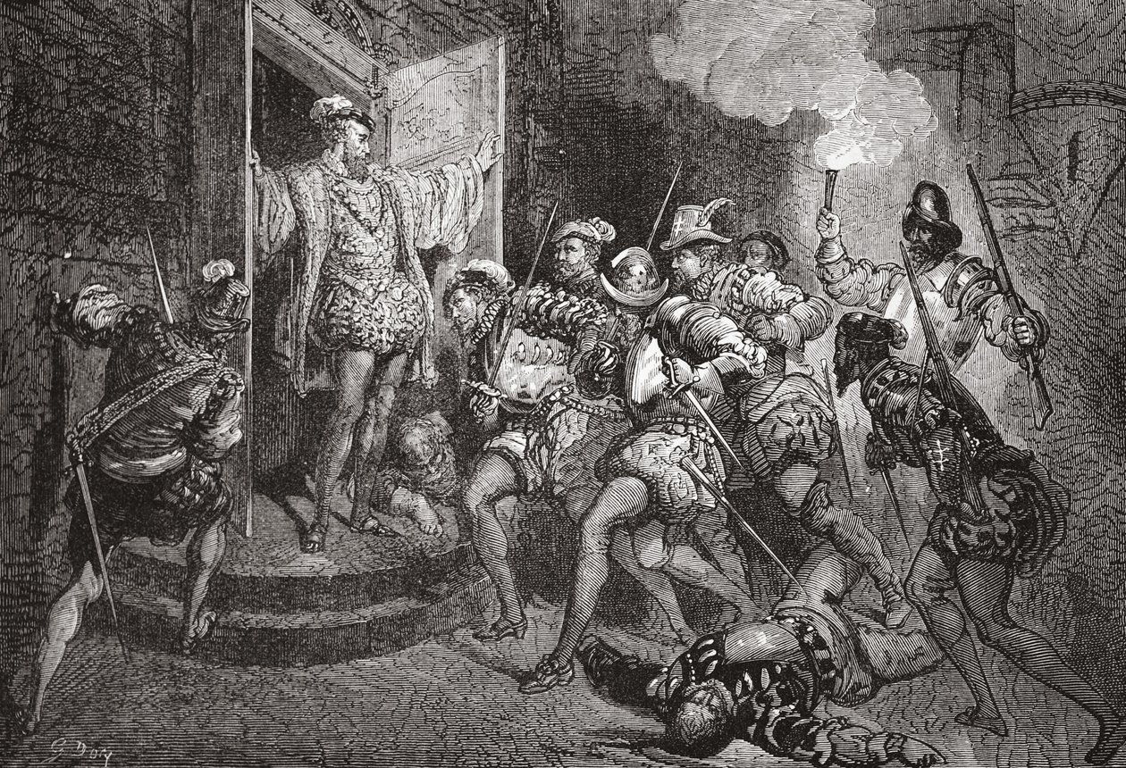 Das Massaker von St. Bartholomäus: Angriff auf Colignys Unterkunft, Illustration aus Die Geschichte des Protestantismus von James Aitken Wylie, veröffentlicht 1878 von English School