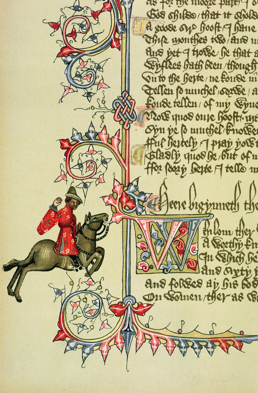 Der Kaufmann, Faksimile-Detail aus den Canterbury Tales von Geoffrey Chaucer von English School