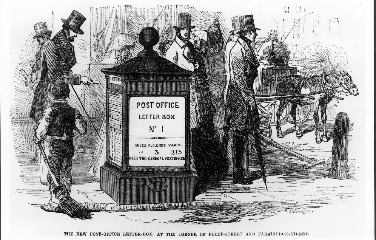 Der neue Briefkasten der Post, an der Ecke Fleet Street und Farringdon Street, aus The Illustrated London News, 24. März 1855 von English School