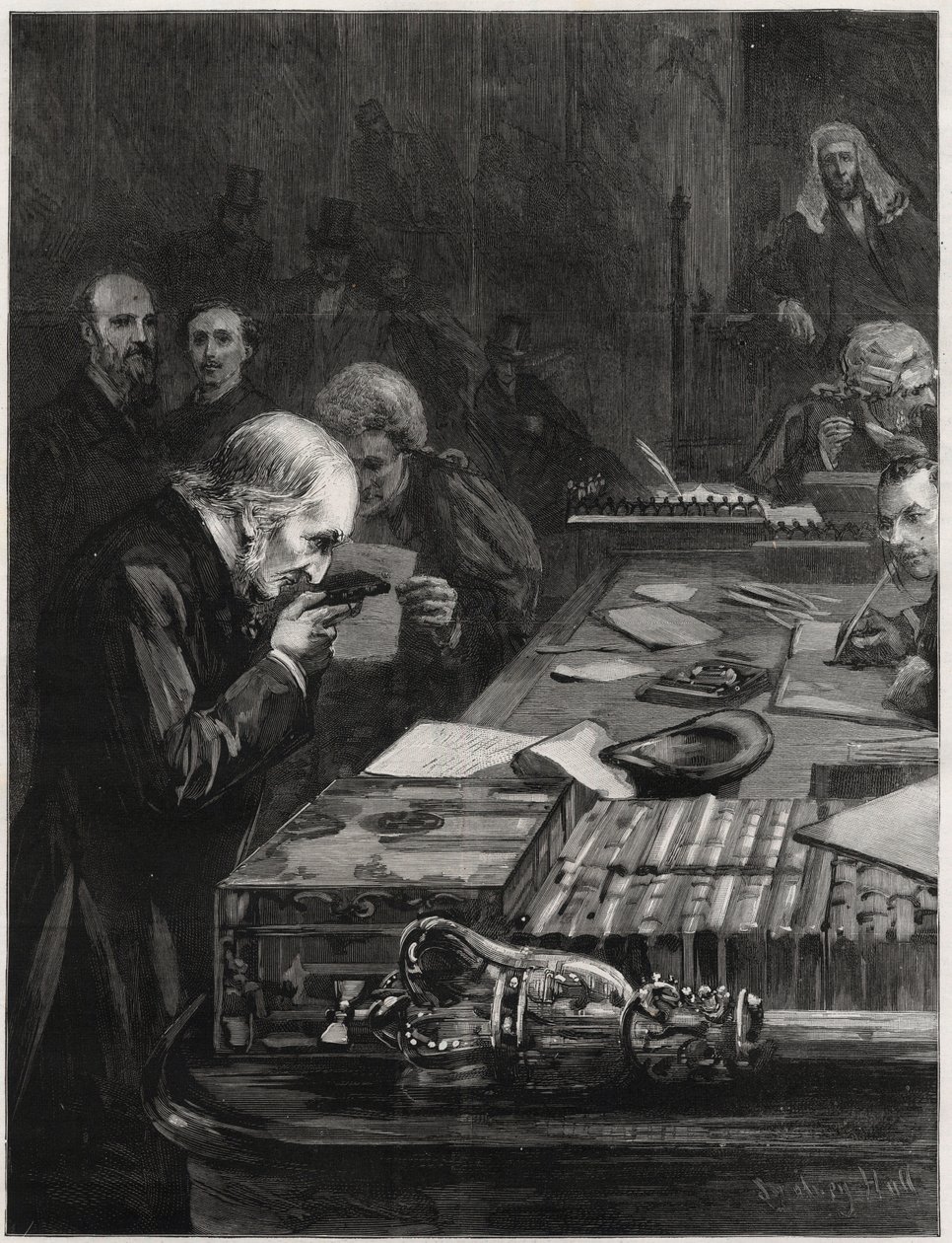 Die Eröffnung des Parlaments, 31. Januar 1893, Mr. William Ewart Gladstone, unterstützt von Mr. Marjoribanks und Mr. H. Gladstone, legt den Eid ab. Illustration für The Graphic von English School