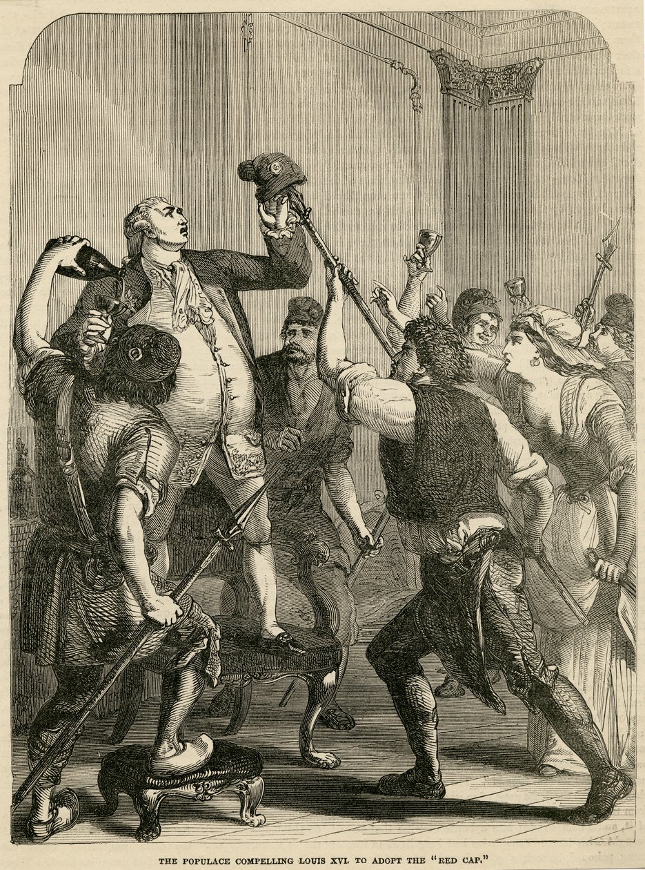 Das Volk zwingt Ludwig XVI., die rote Mütze anzunehmen, 1792 von English School