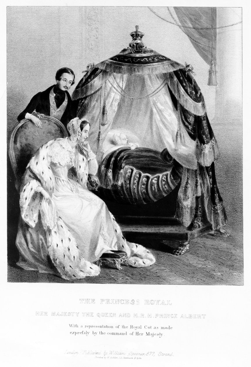 Die Prinzessin Royal, Ihre Majestät die Königin und HRH Prinz Albert, mit dem königlichen Kinderbett, ca. 1840 von English School