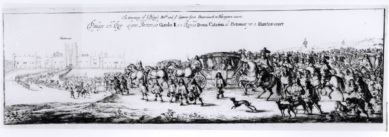 Die Prozession von Karl II. (1630-85) und seiner neuen Königin, Katharina von Braganza (1638-1705) von Portsmouth nach Hampton Court, 1662 von English School