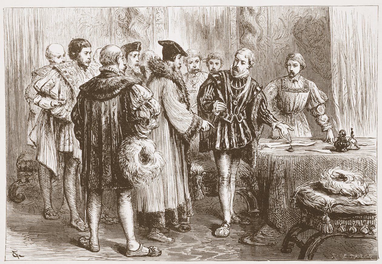 Die protestantischen Fürsten unterzeichnen ihr Bekenntnis, Illustration aus Die Geschichte des Protestantismus von James Aitken Wylie, veröffentlicht 1878 von English School
