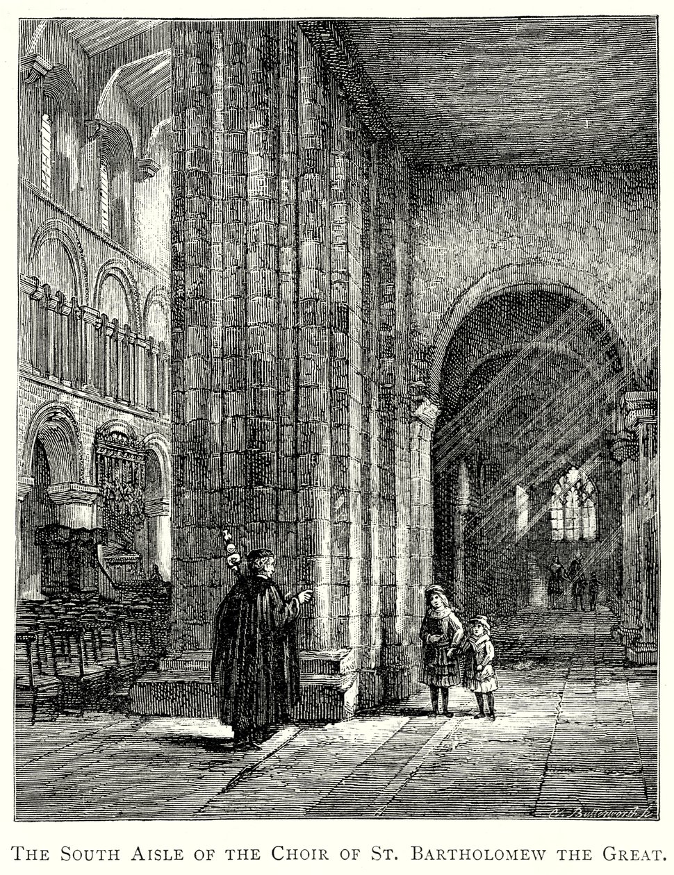 Das südliche Seitenschiff des Chors von St. Bartholomew the Great (Gravur) von English School